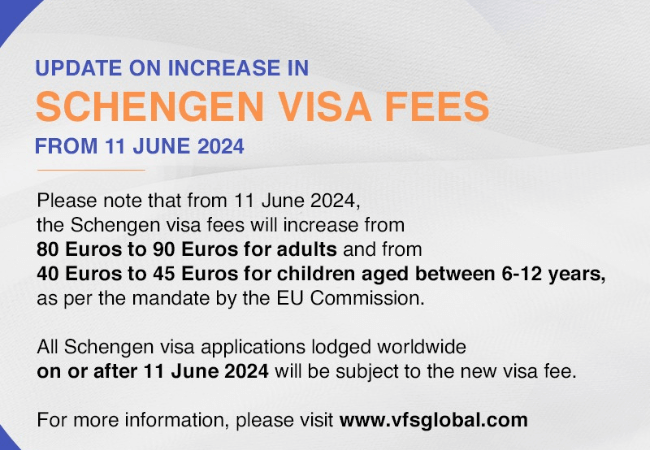 Schengen Visa Fee Increase Announced by VFS Global New Rates Effective from 11 June 2024